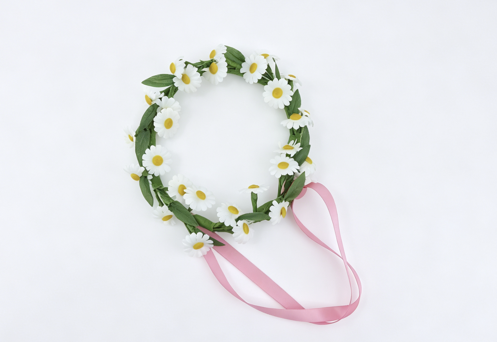 Daisy Flower Wreath Headband With Pink Ribbon Outdoor Floral Accessory for 18'' Doll Picnic Dress Up Play