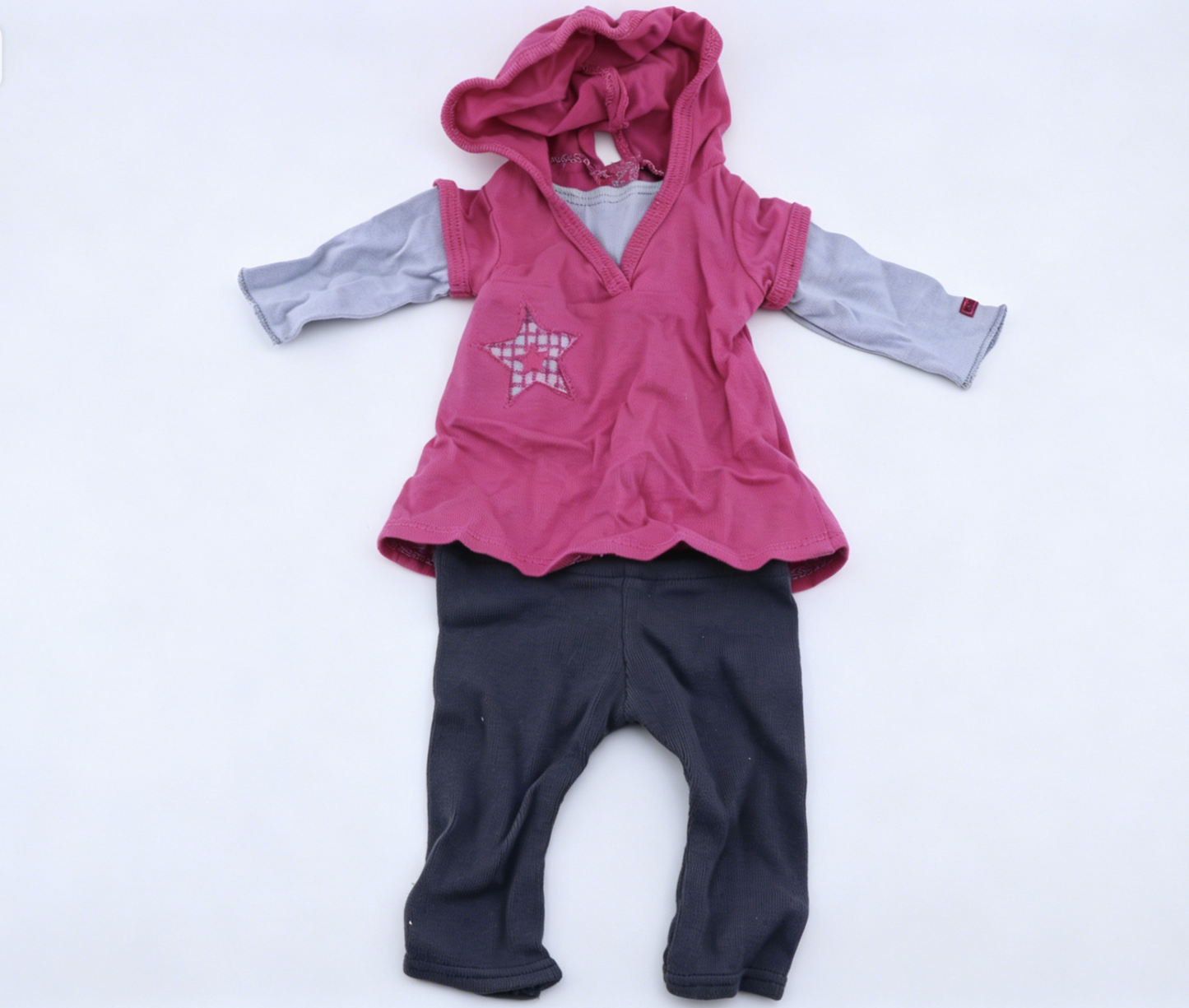 American Girl Pink Star Patch Hooded Tunic Layer Outfit With Dark Gray Leggings For 18-Inch Dolls