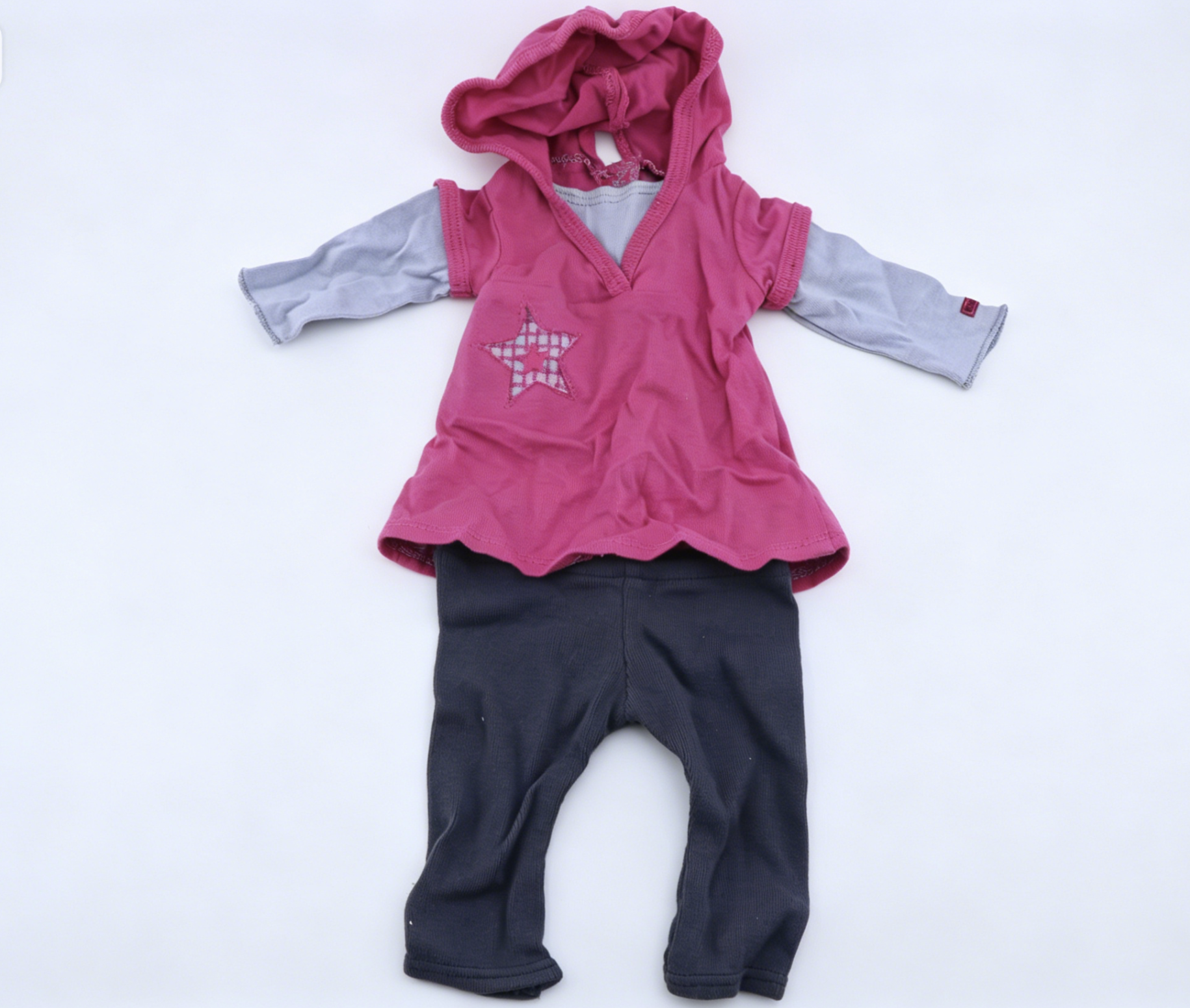 American Girl Pink Star Patch Hooded Tunic Layer Outfit With Dark Gray Leggings For 18-Inch Dolls