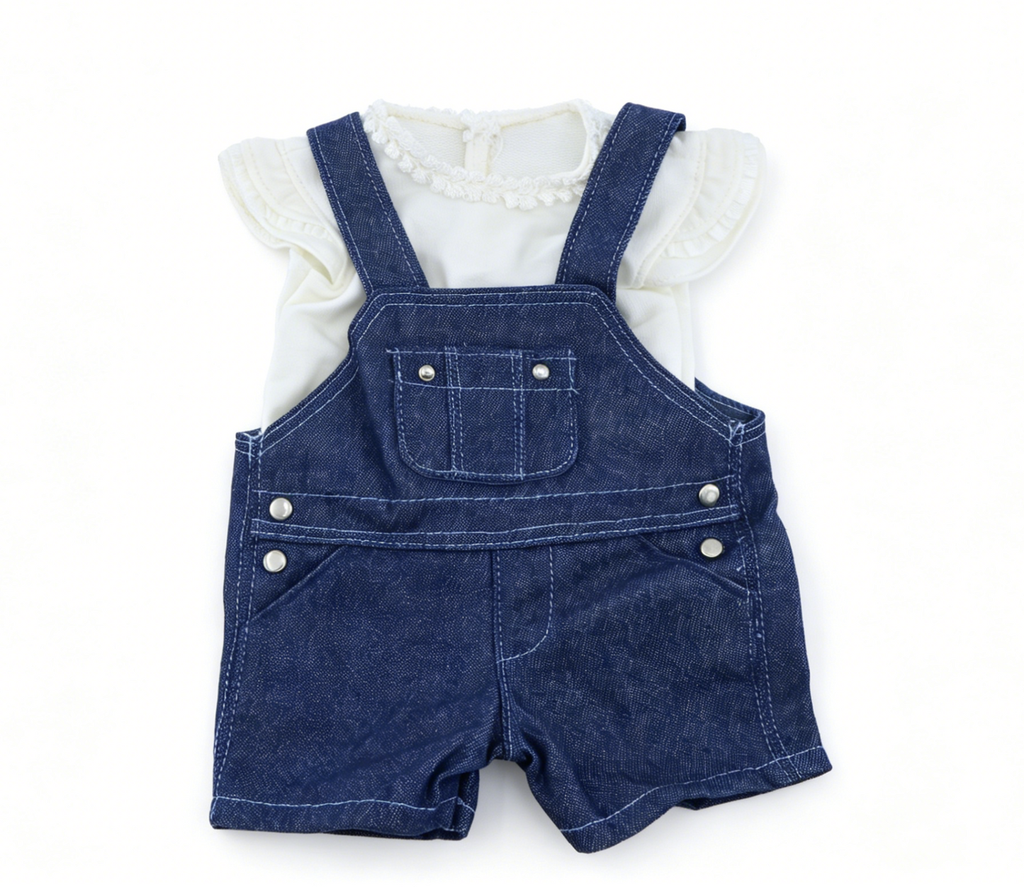 White Lace Ruffle Cap Sleeve Tank Top & Dark Denim Short Overalls 2-Piece Summer Outfit Set For 18-Inch Dolls