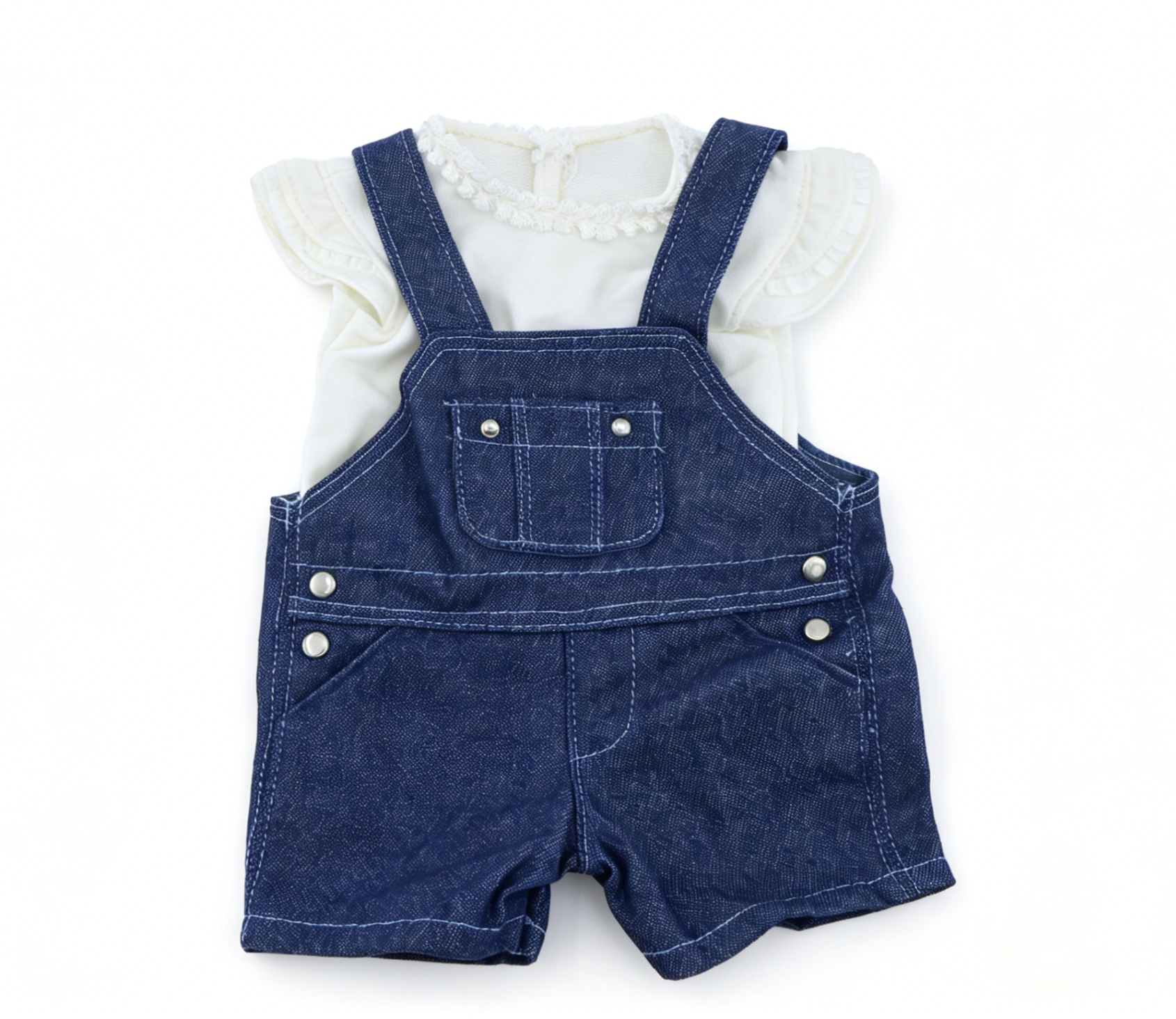 White Lace Ruffle Cap Sleeve Tank Top & Dark Denim Short Overalls 2-Piece Summer Outfit Set For 18-Inch Dolls