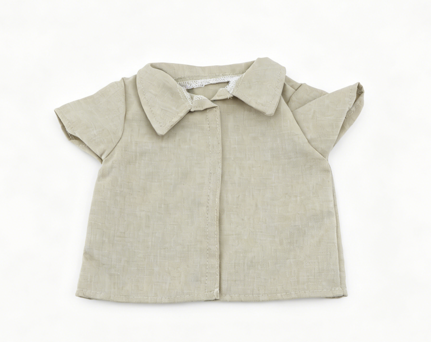Beige Linen Short Sleeve Collared Shirt & Cuffed Dark Denim Shorts 2-Piece Summer Casual Outfit Set For 18-Inch Dolls