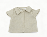 Beige Linen Short Sleeve Collared Shirt & Cuffed Dark Denim Shorts 2-Piece Summer Casual Outfit Set For 18-Inch Dolls