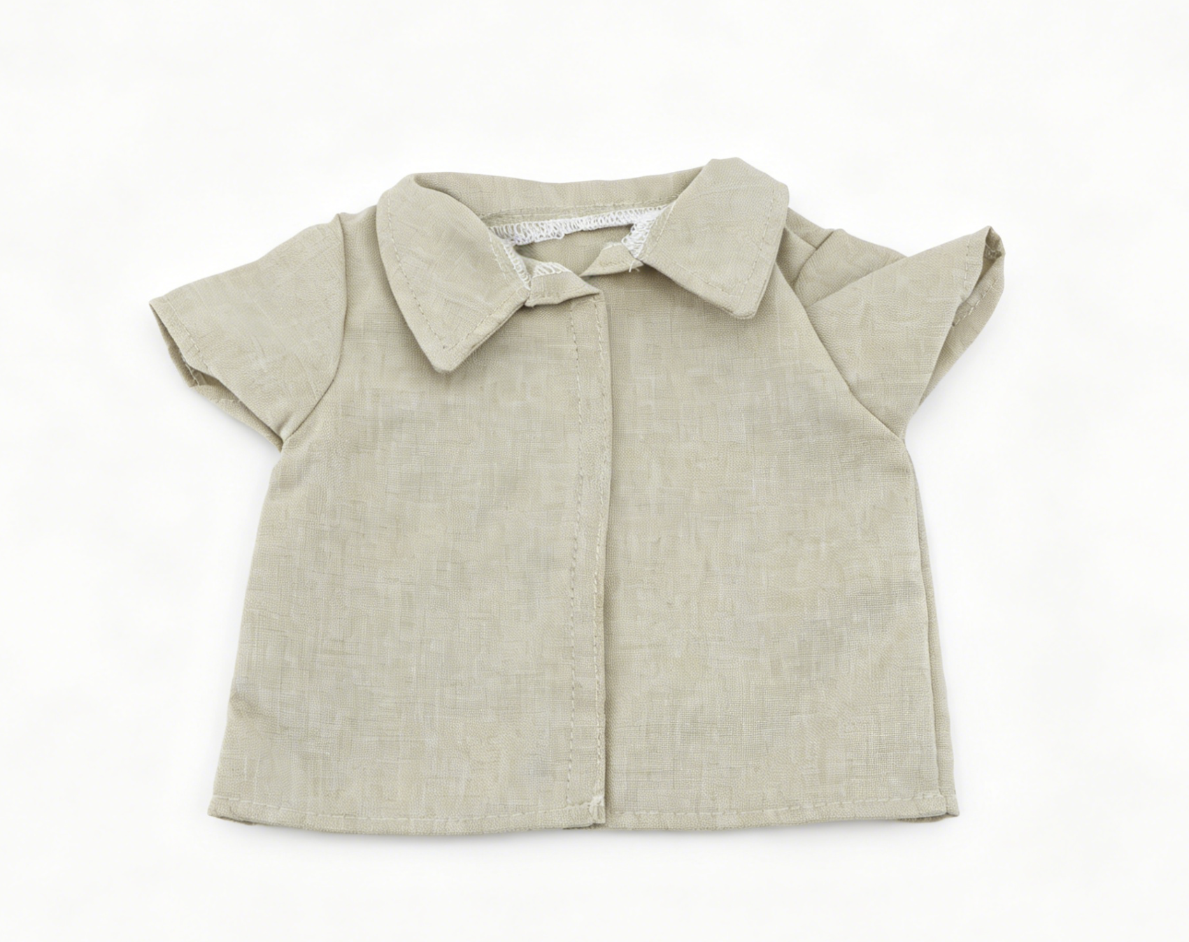 Beige Linen Short Sleeve Collared Shirt & Cuffed Dark Denim Shorts 2-Piece Summer Casual Outfit Set For 18-Inch Dolls