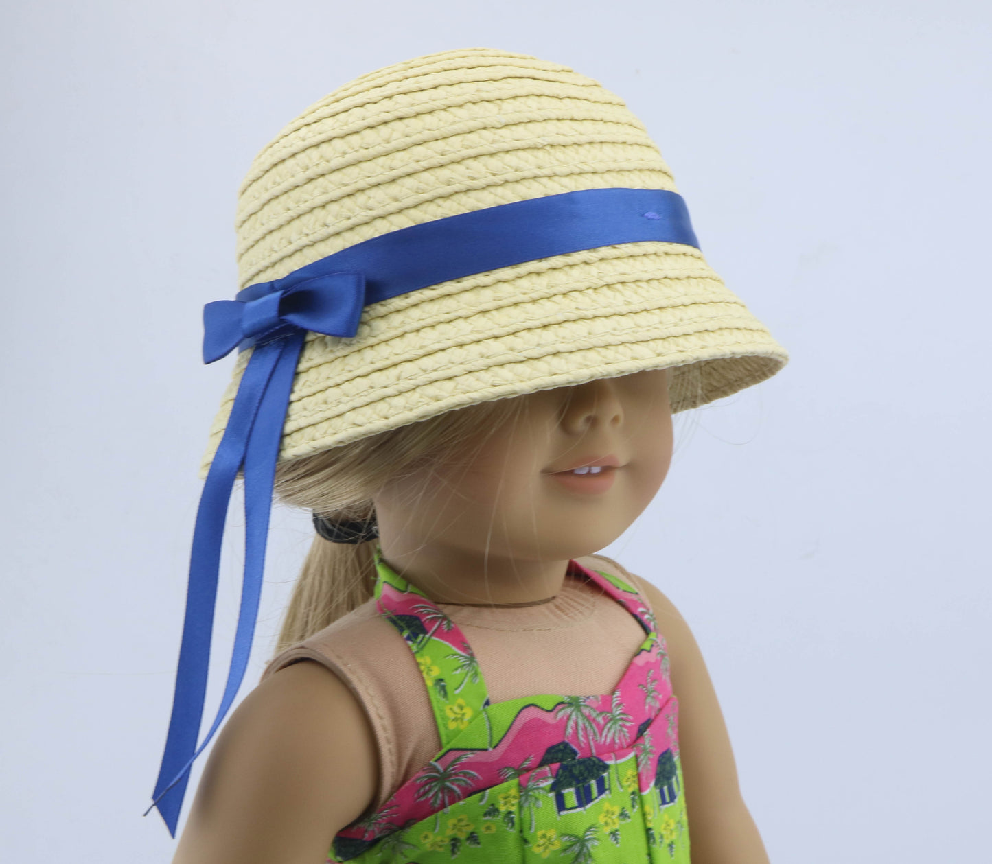 American Girl Straw Sun Hat with Blue Ribbon Bow for 18'' Doll wide-brimmed cap