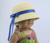 American Girl Straw Sun Hat with Blue Ribbon Bow for 18'' Doll wide-brimmed cap