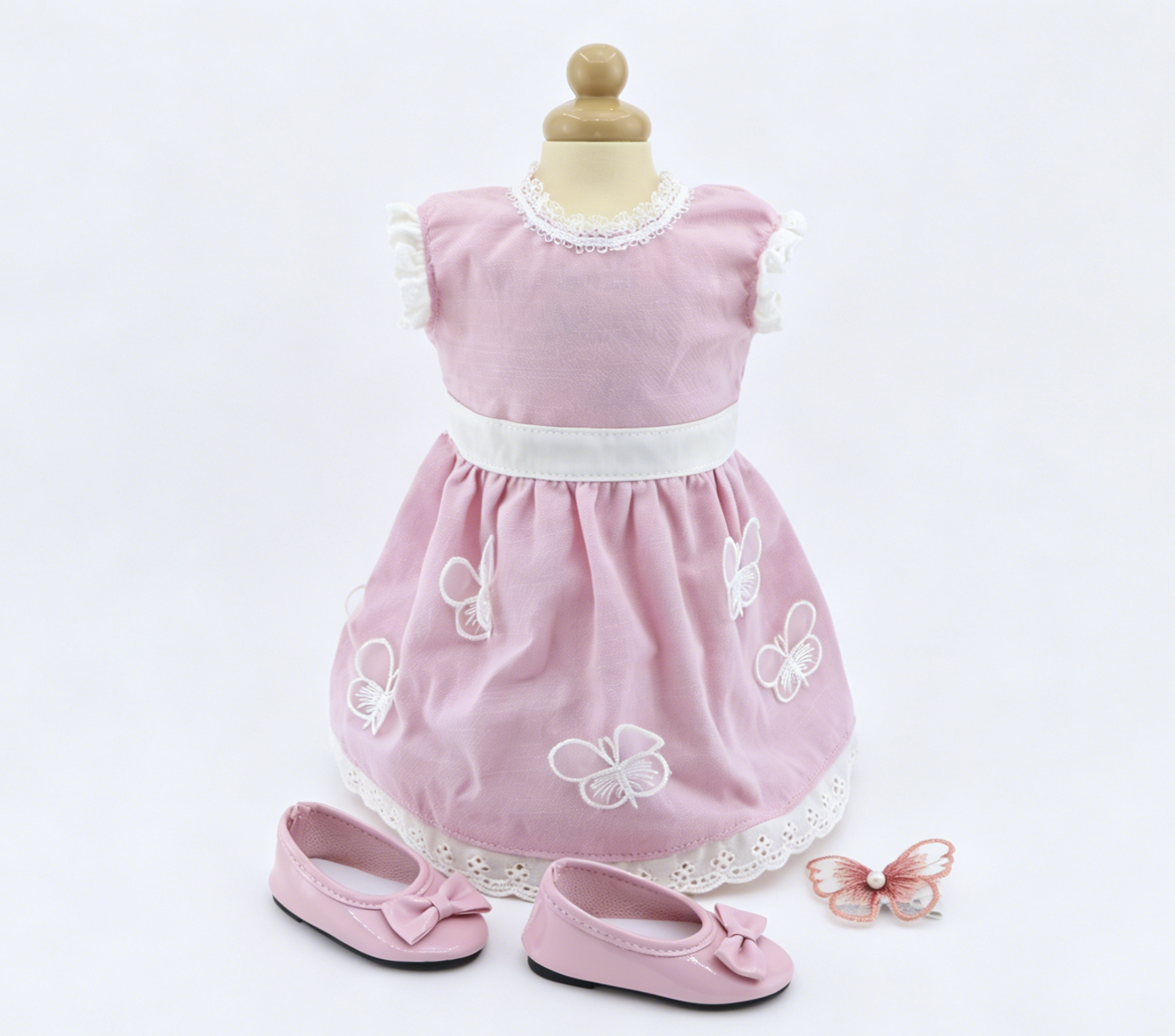 Pink Butterfly Embroidery Lace Dress Outfit Set FOR 18'' DOLL | Doll Clothes With Shoes & Hair Clip