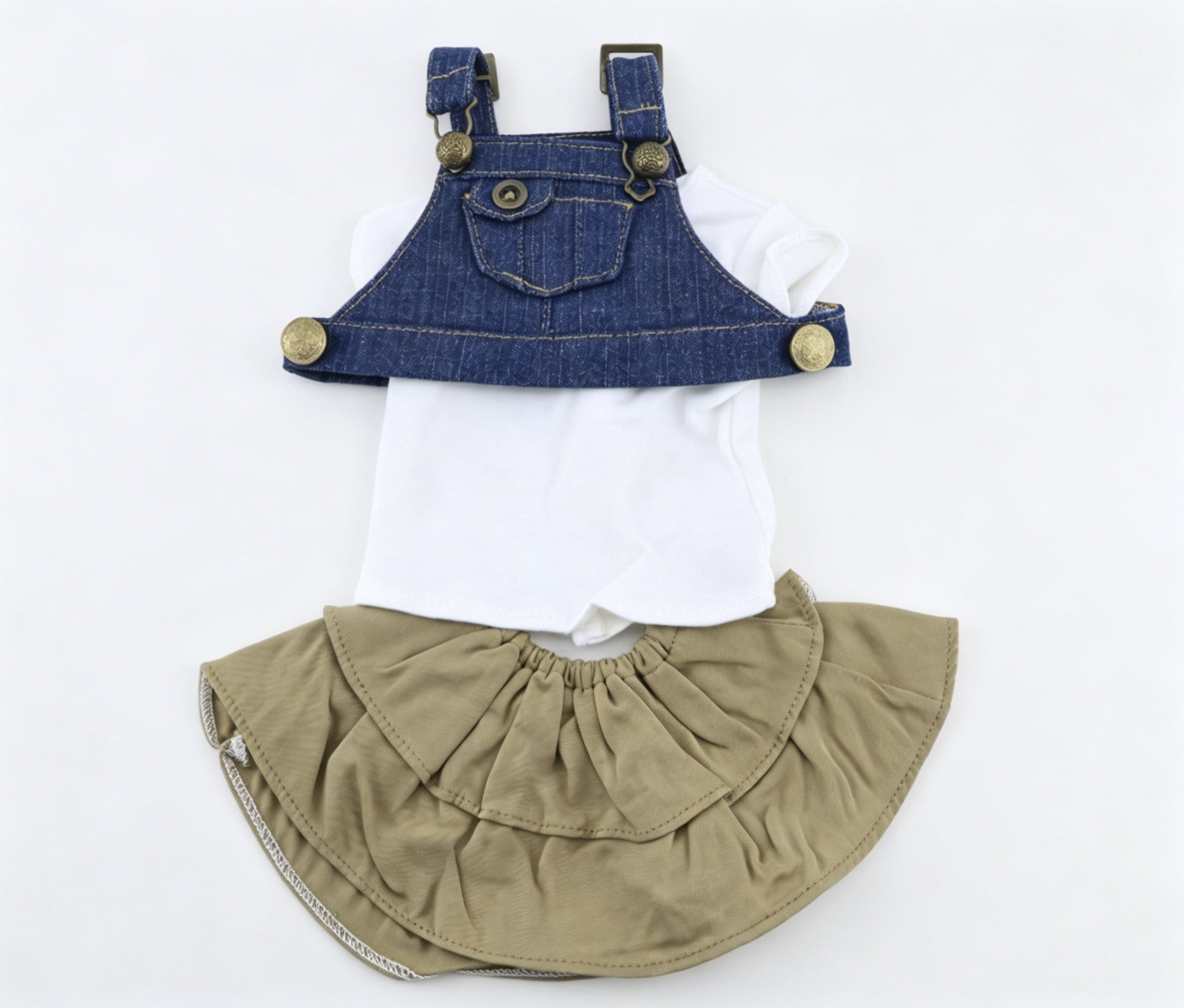 White Basic Short Sleeve Tee, Blue Denim Crop Overalls & Khaki Tiered Ruffle Skirt 3-Piece Casual Summer Outfit Set For 18-Inch Dolls