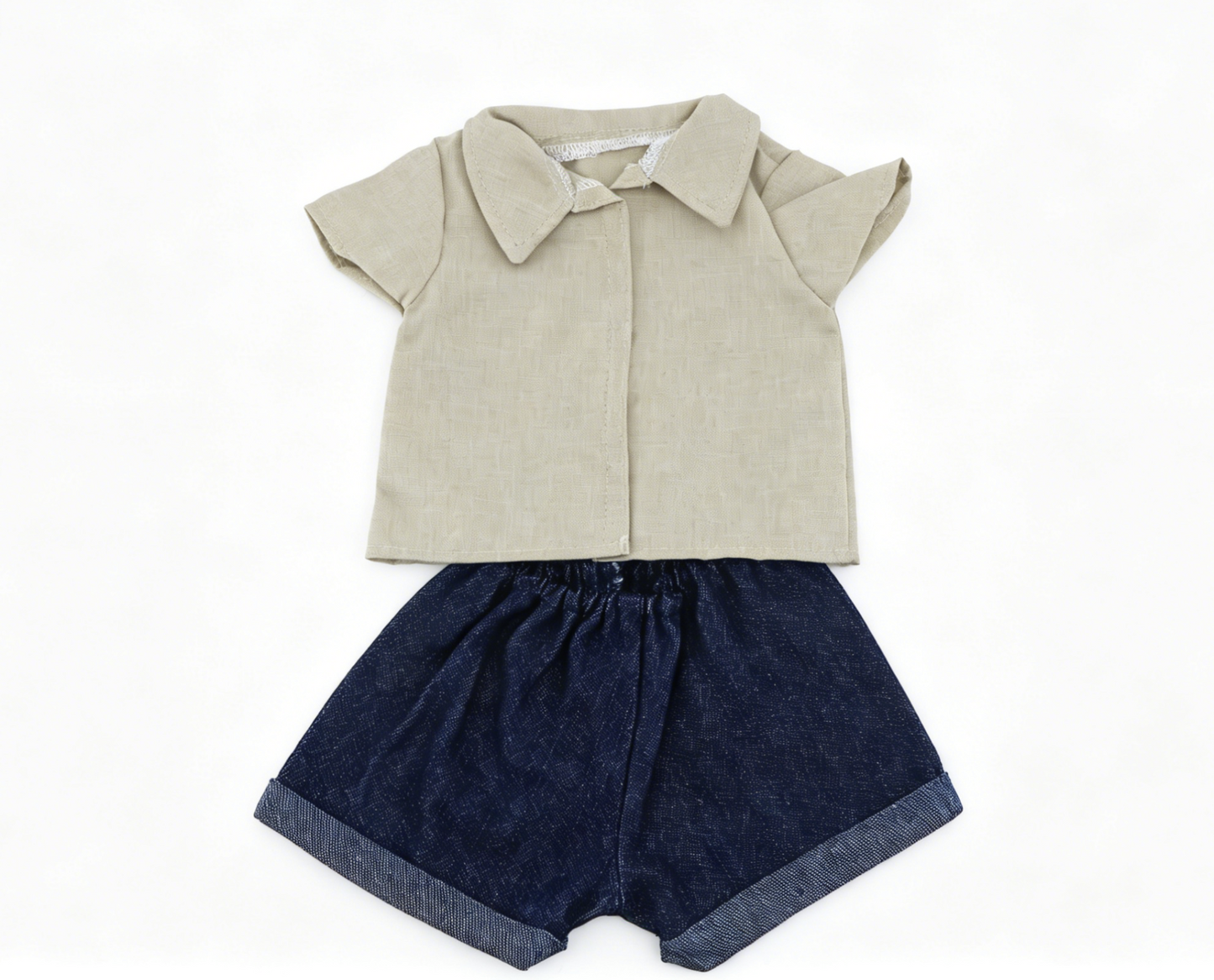 Beige Linen Short Sleeve Collared Shirt & Cuffed Dark Denim Shorts 2-Piece Summer Casual Outfit Set For 18-Inch Dolls