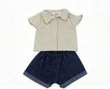 Beige Linen Short Sleeve Collared Shirt & Cuffed Dark Denim Shorts 2-Piece Summer Casual Outfit Set For 18-Inch Dolls