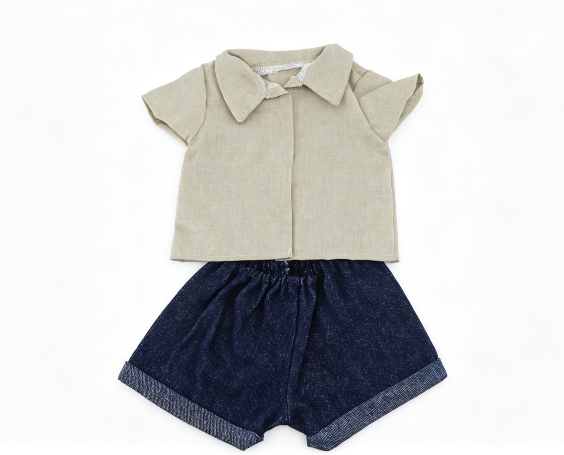 Beige Linen Short Sleeve Collared Shirt & Cuffed Dark Denim Shorts 2-Piece Summer Casual Outfit Set For 18-Inch Dolls