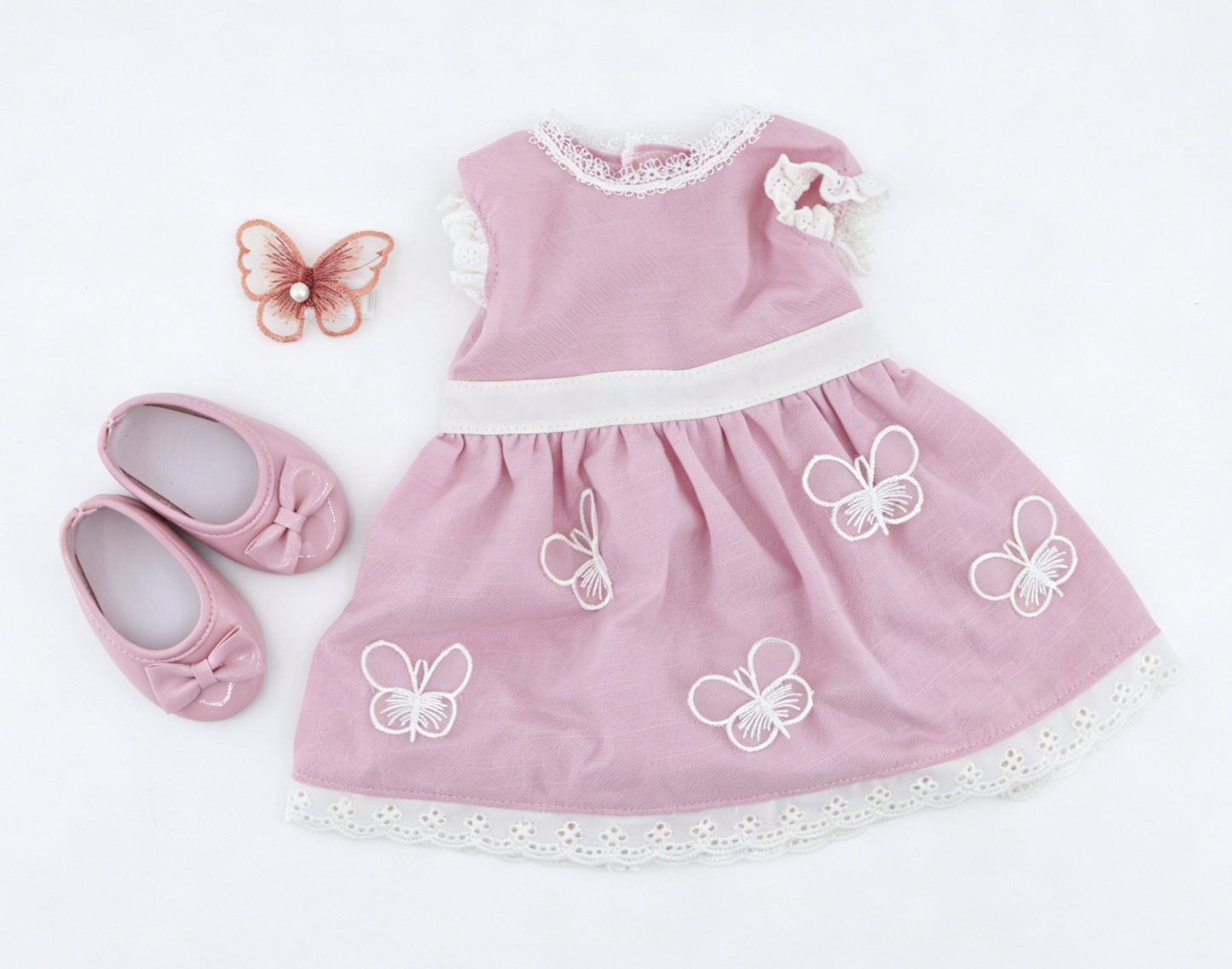 Pink Butterfly Embroidery Lace Dress Outfit Set FOR 18'' DOLL | Doll Clothes With Shoes & Hair Clip