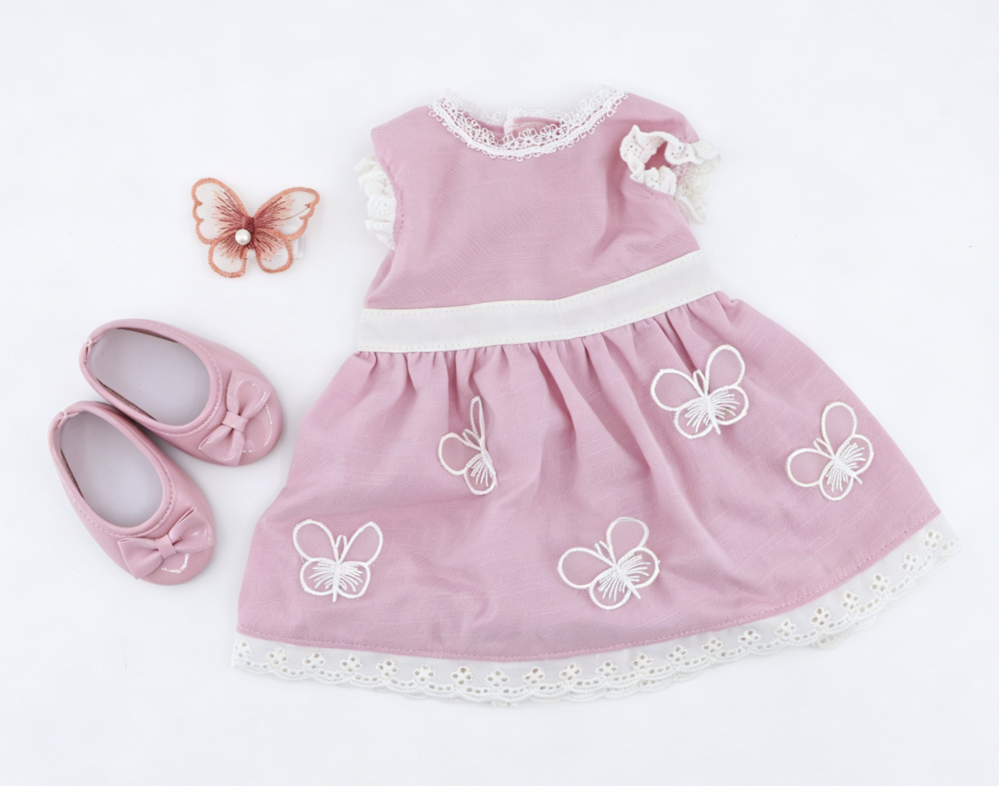 Pink Butterfly Embroidery Lace Dress Outfit Set FOR 18'' DOLL | Doll Clothes With Shoes & Hair Clip