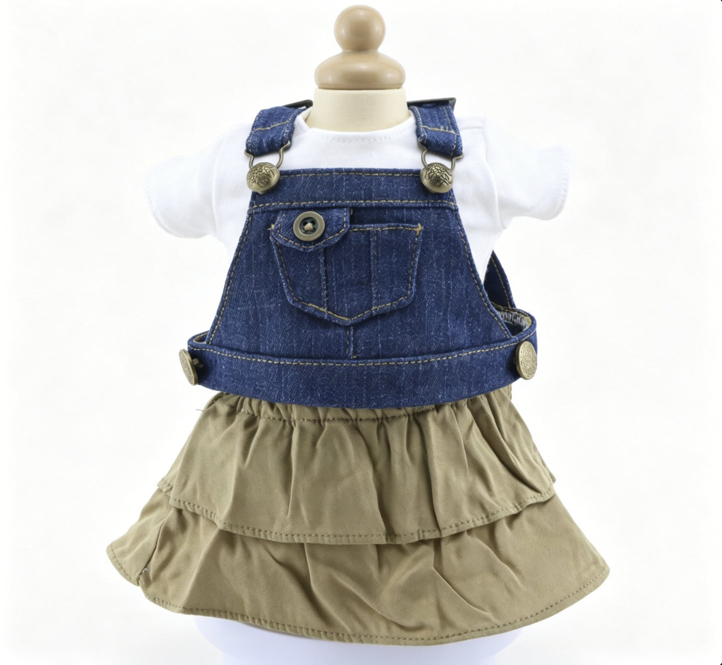White Basic Short Sleeve Tee, Blue Denim Crop Overalls & Khaki Tiered Ruffle Skirt 3-Piece Casual Summer Outfit Set For 18-Inch Dolls