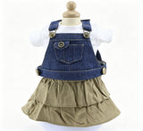 White Basic Short Sleeve Tee, Blue Denim Crop Overalls & Khaki Tiered Ruffle Skirt 3-Piece Casual Summer Outfit Set For 18-Inch Dolls