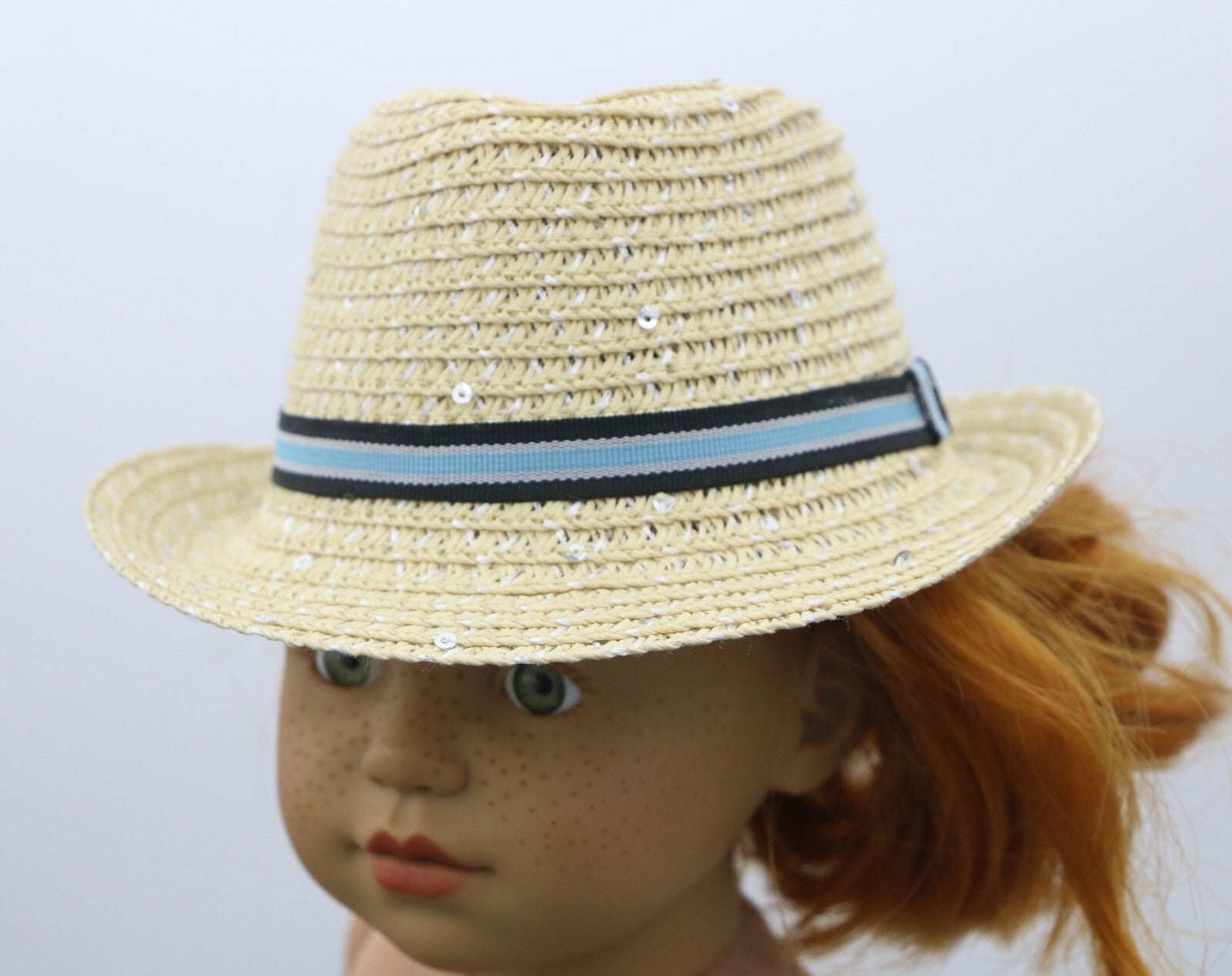 Summer Straw Hat with Blue Ribbon for 18'' American girl doll cap