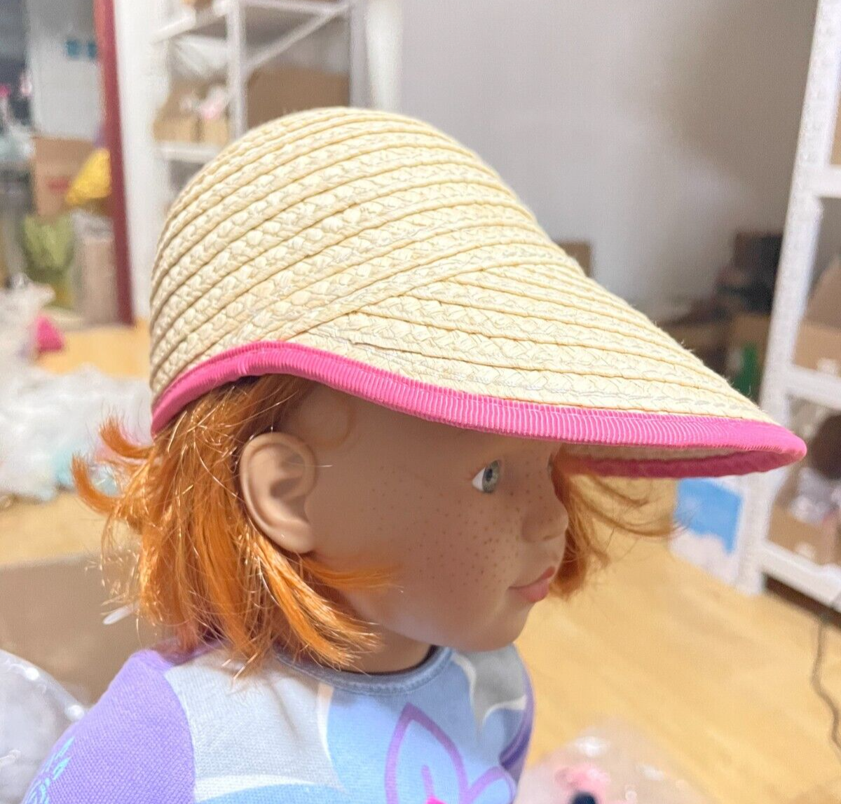 Straw Sun Hat with Pink Trim for 18" Doll