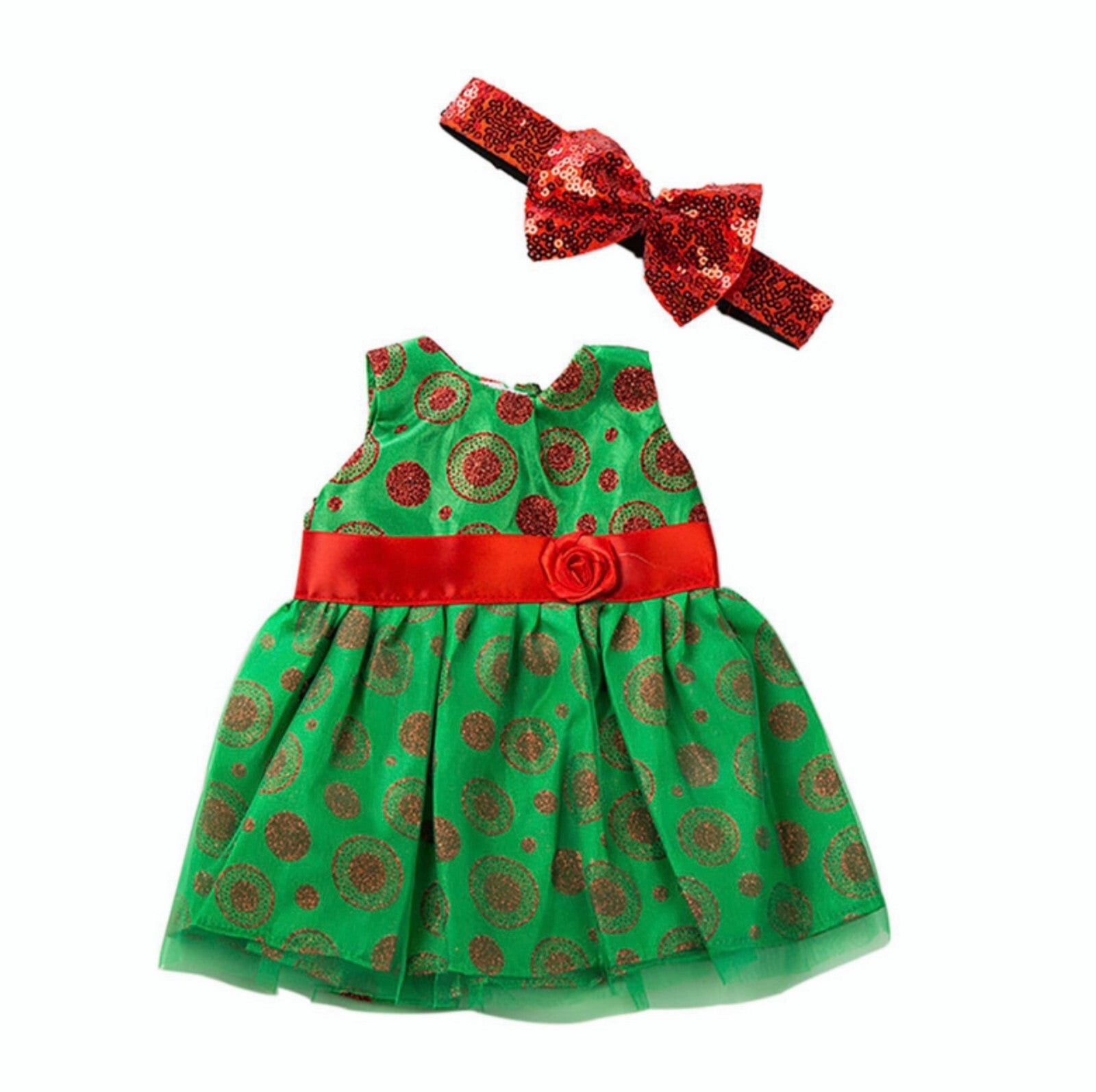 Green Holiday Dress & Red Bow Headband Set | for 18" Doll Party Outfit
