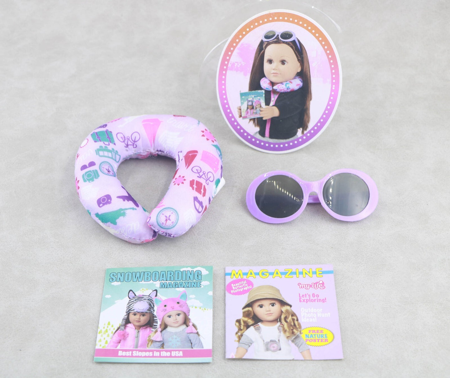 18" Doll Airline Travel Set | Neck Pillow, Sunglasses & Magazines