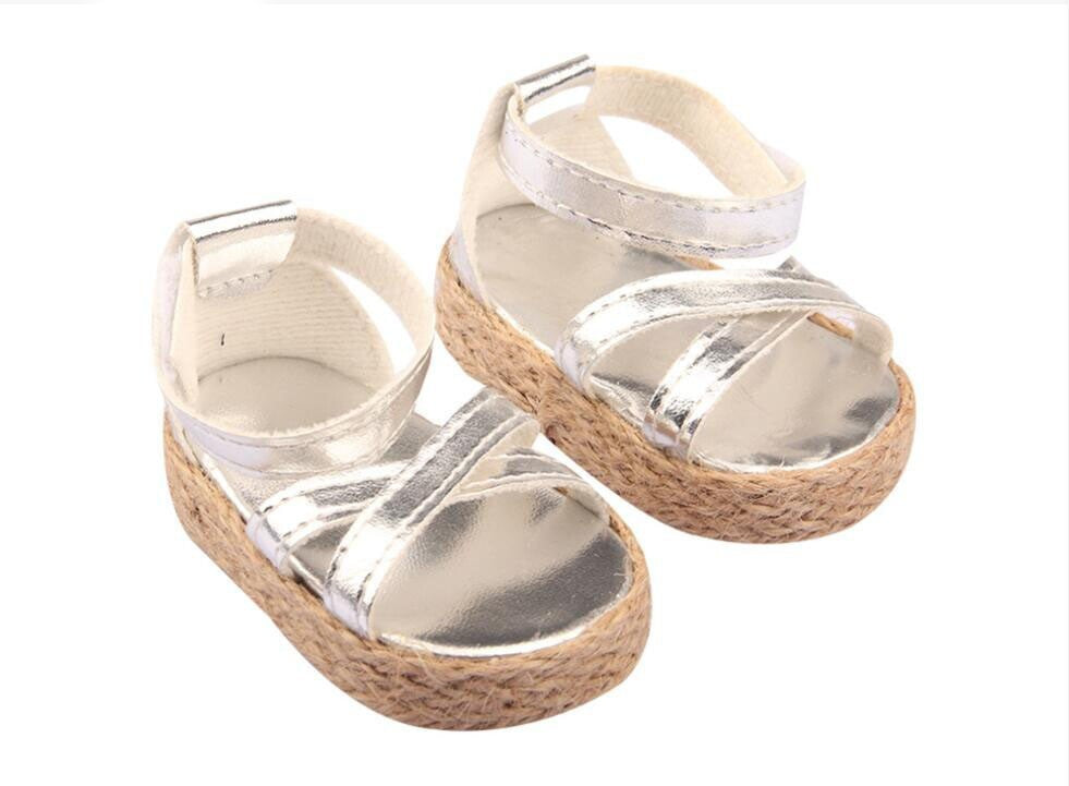 A pair of platform silver sandals made for 18'' doll shoes fun summer