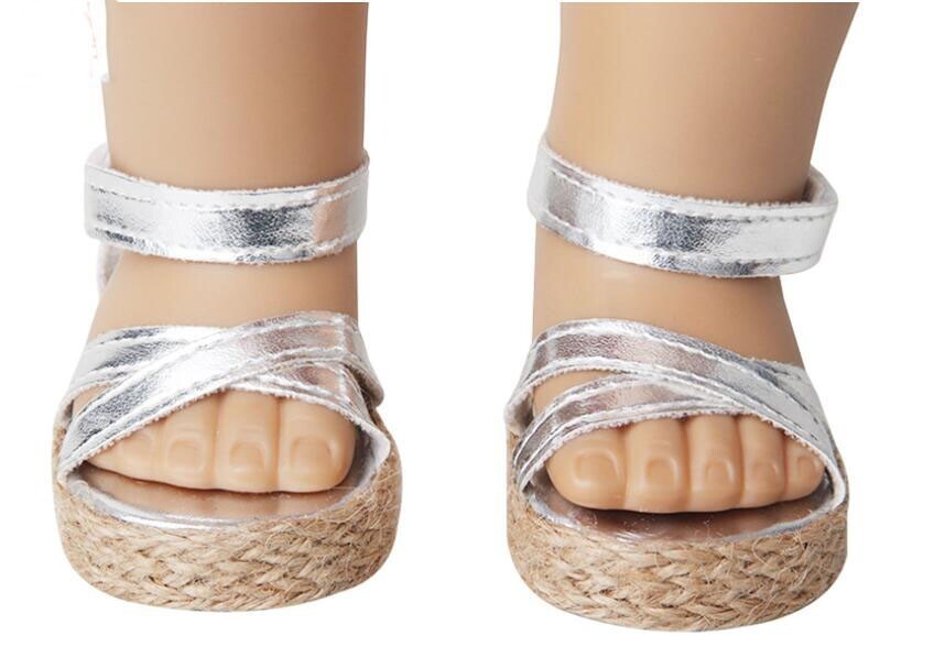 A pair of platform silver sandals made for 18'' doll shoes fun summer