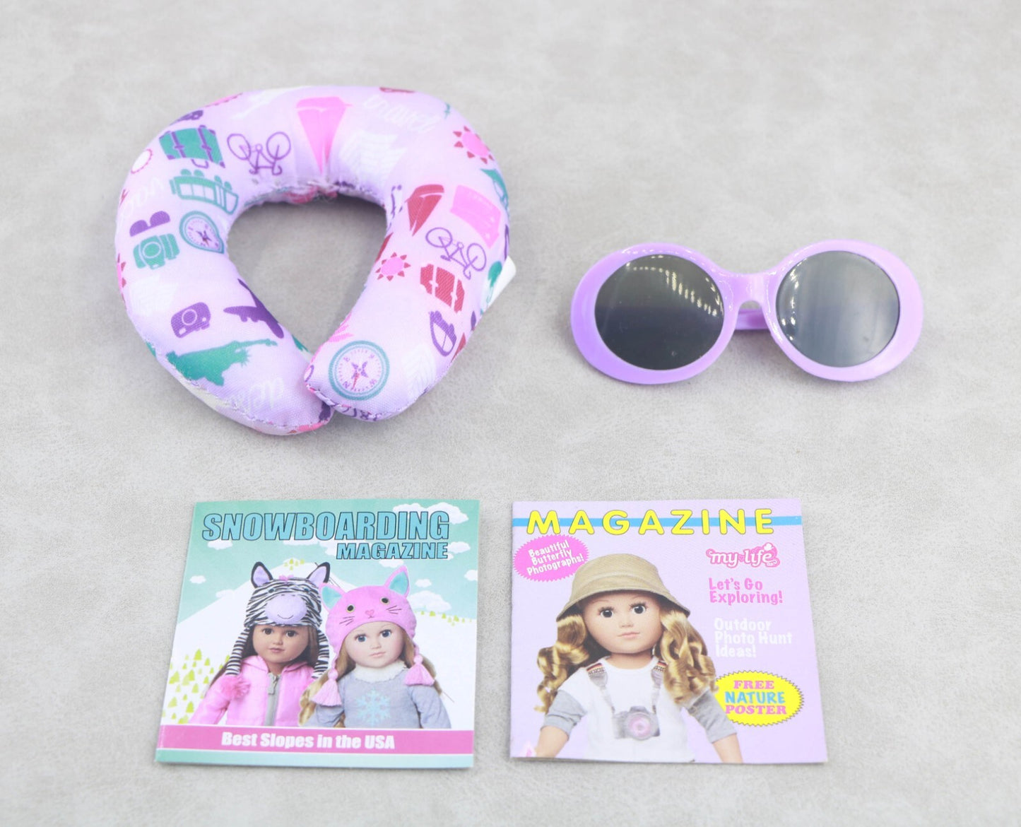 18" Doll Airline Travel Set | Neck Pillow, Sunglasses & Magazines