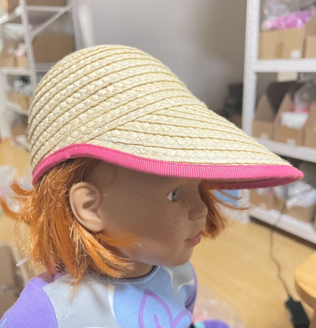Straw Sun Hat with Pink Trim for 18" Doll