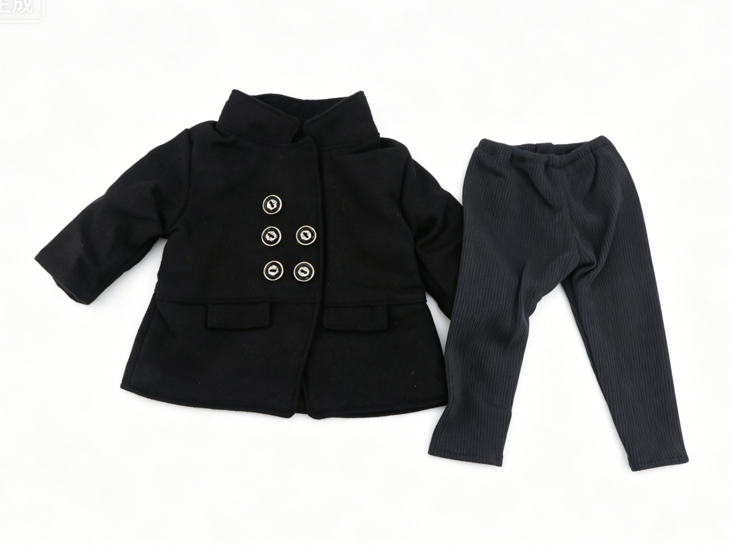 Black Double Breasted Stand Collar Wool Coat & Ribbed Leggings 2-Piece Casual Winter Outfit Set For 18-Inch Dolls