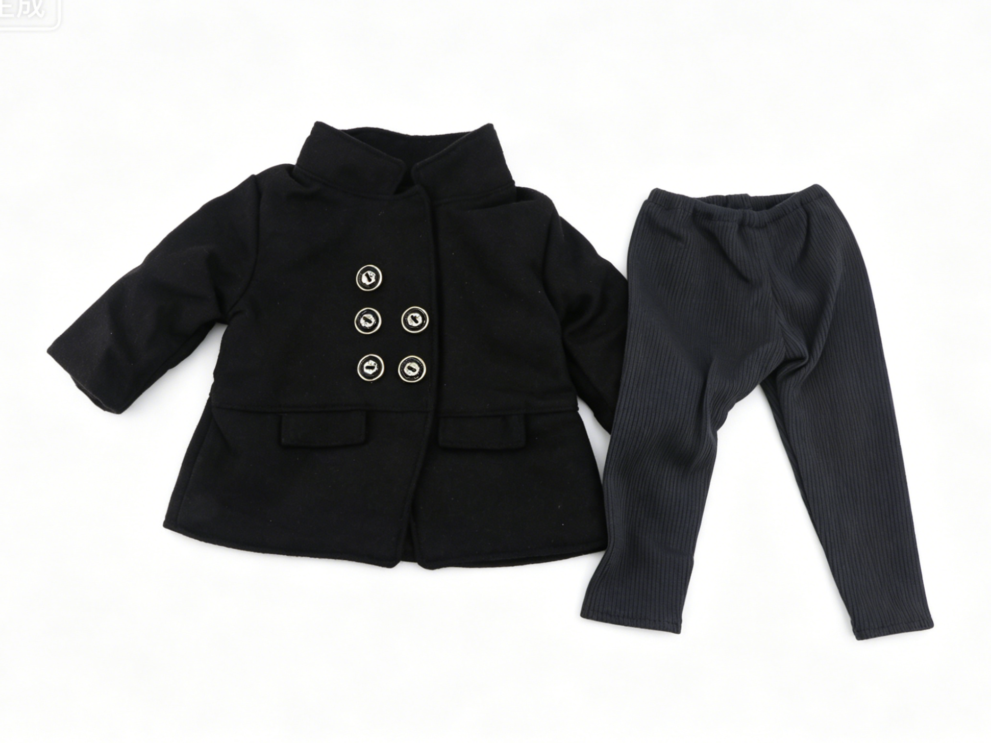 Black Double Breasted Stand Collar Wool Coat & Ribbed Leggings 2-Piece Casual Winter Outfit Set For 18-Inch Dolls