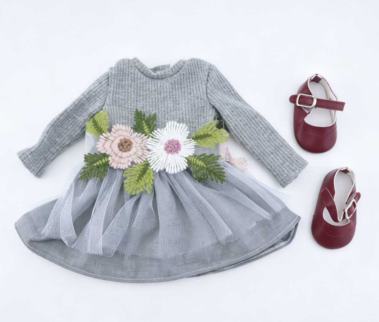 Angelina Gray Floral Embroidered Dress Set with Shoes for 18'' Doll