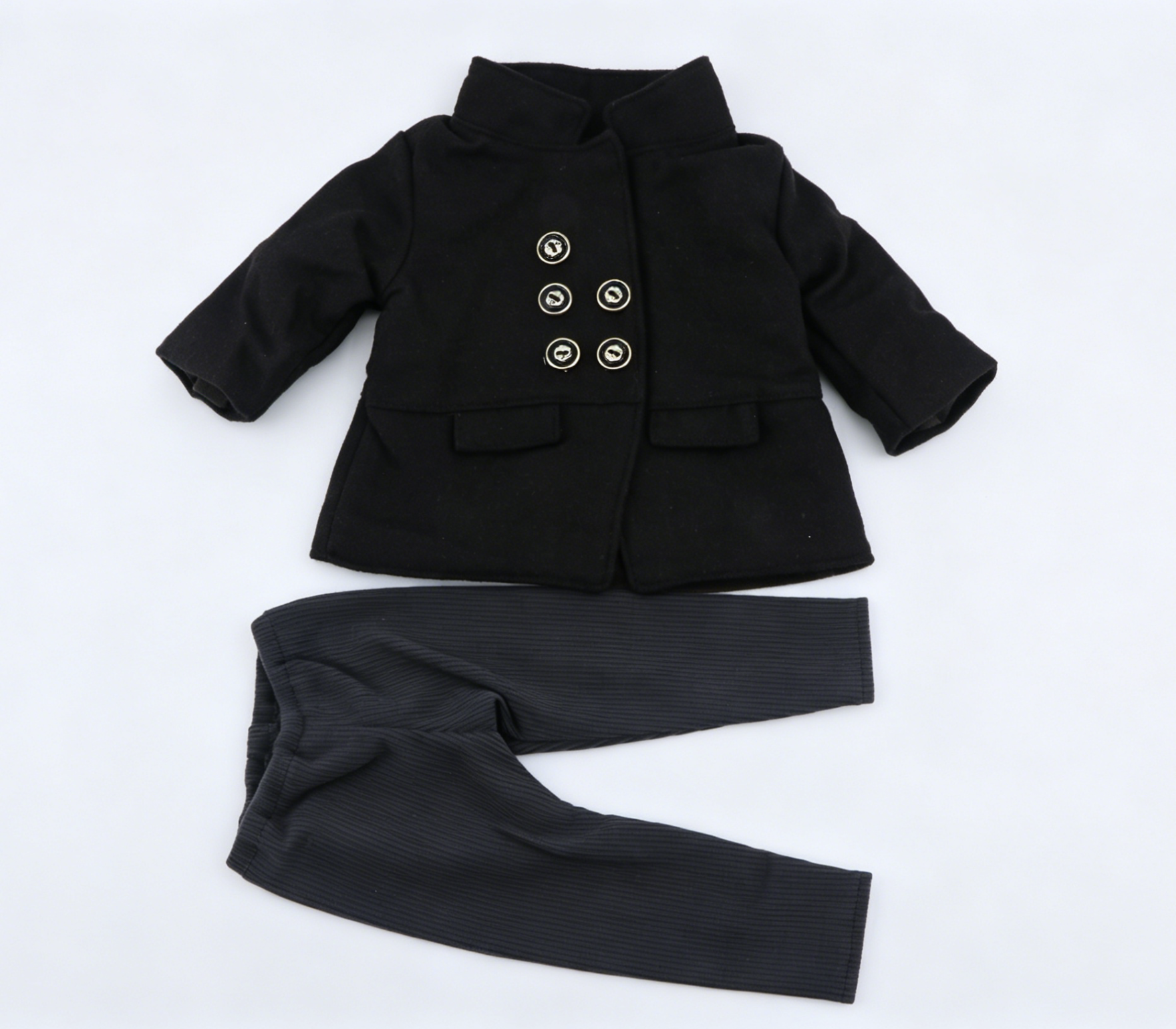 Black Double Breasted Stand Collar Wool Coat & Ribbed Leggings 2-Piece Casual Winter Outfit Set For 18-Inch Dolls