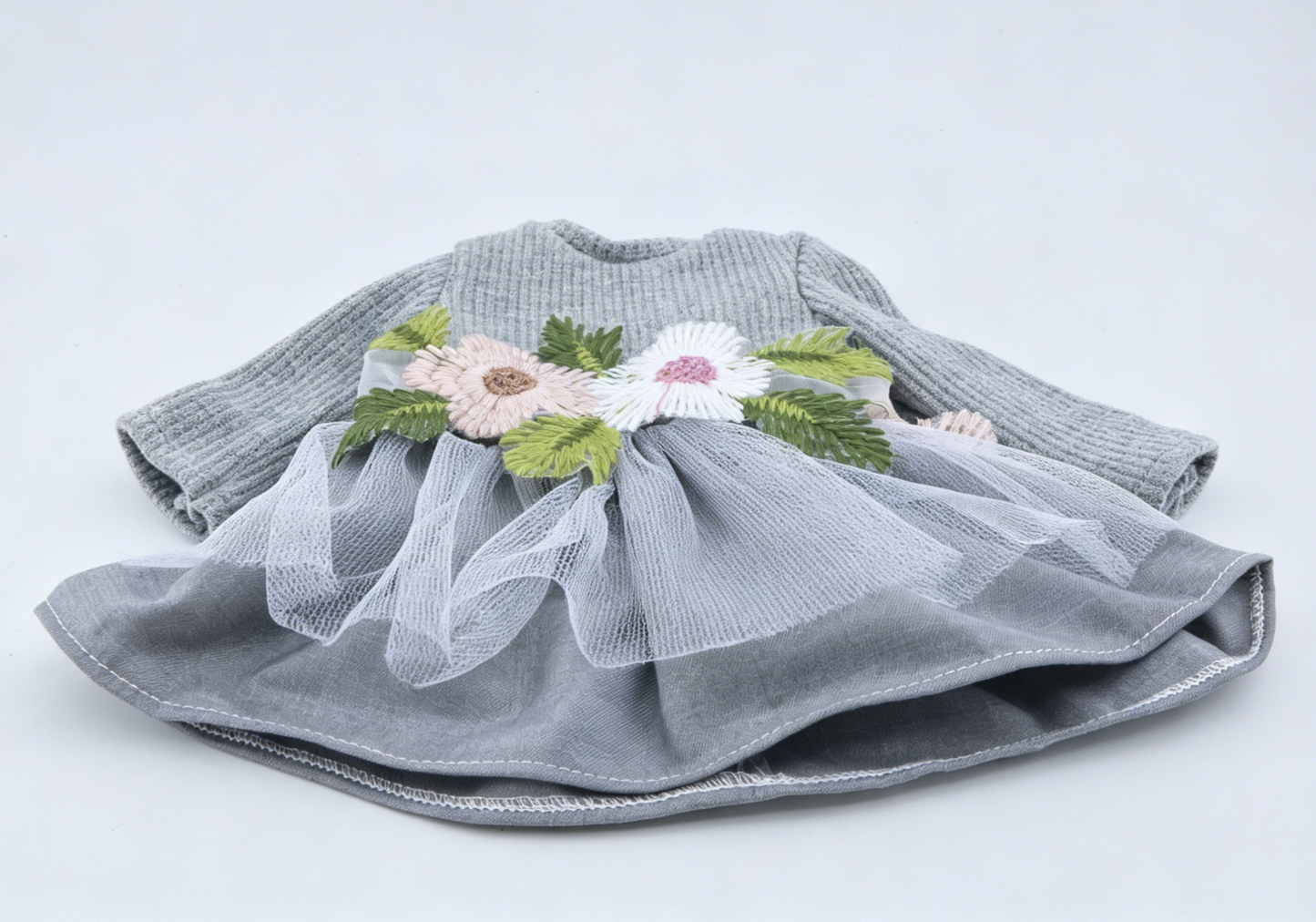 Angelina Gray Floral Embroidered Dress Set with Shoes for 18'' Doll