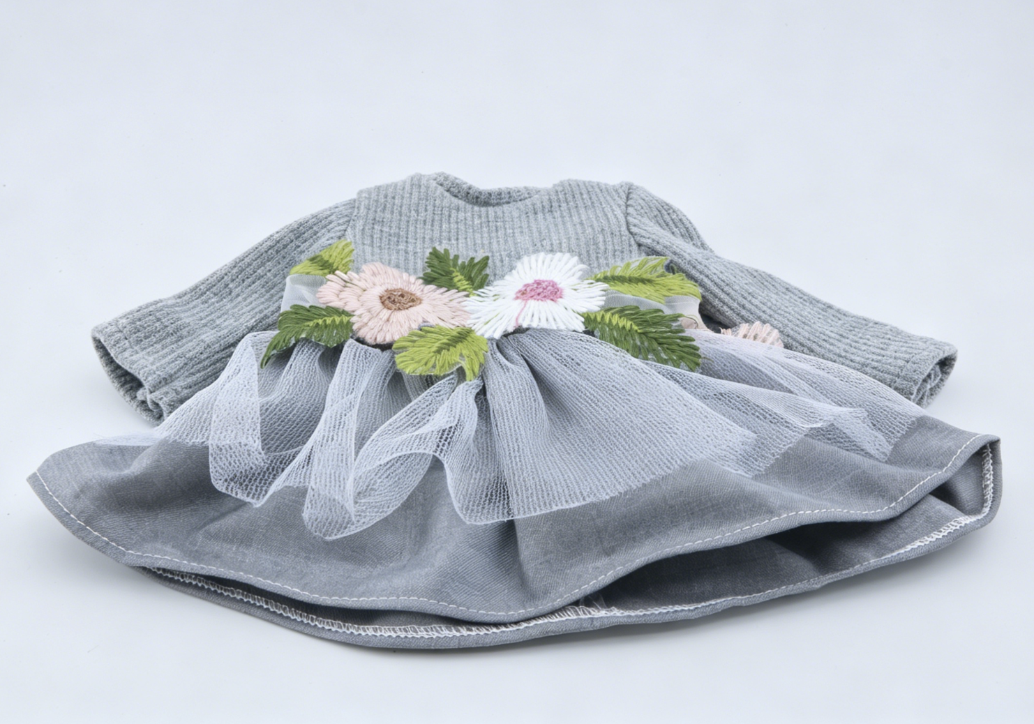 Angelina Gray Floral Embroidered Dress Set with Shoes for 18'' Doll
