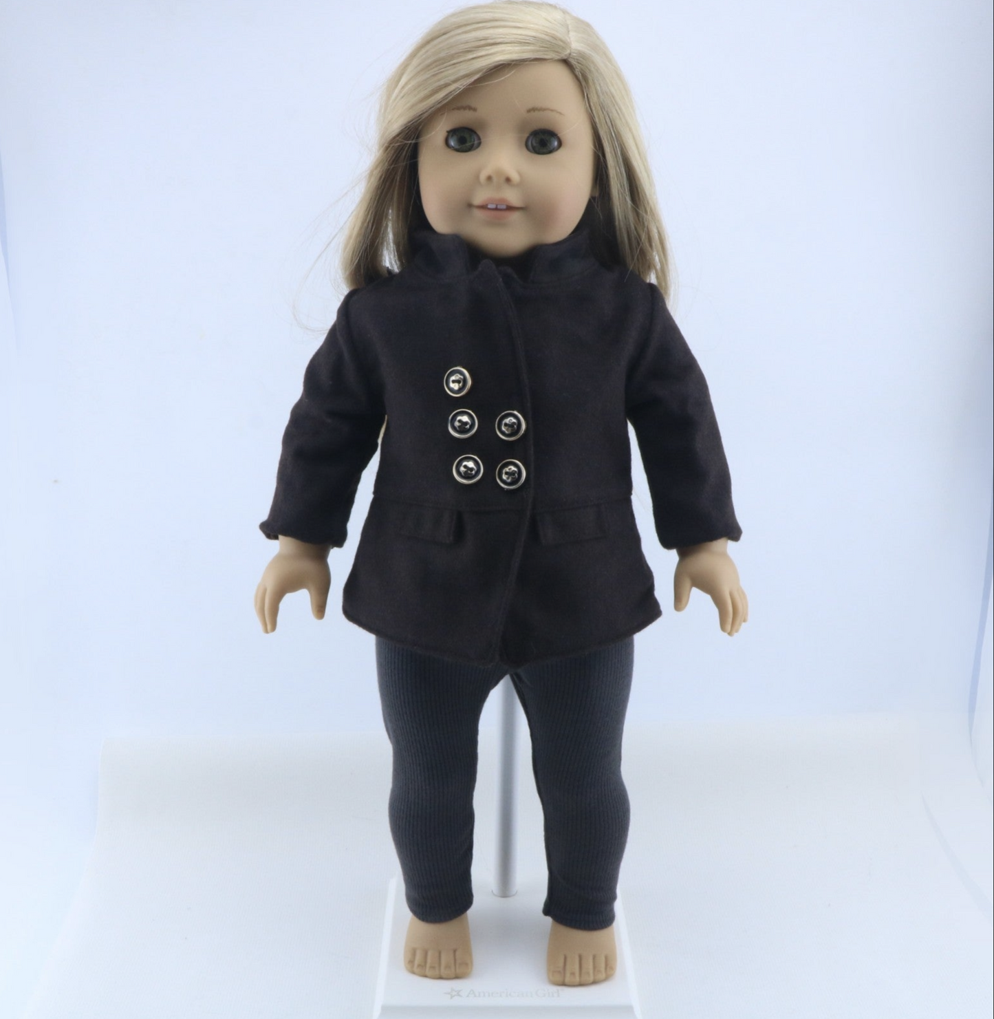 Black Double Breasted Stand Collar Wool Coat & Ribbed Leggings 2-Piece Casual Winter Outfit Set For 18-Inch Dolls