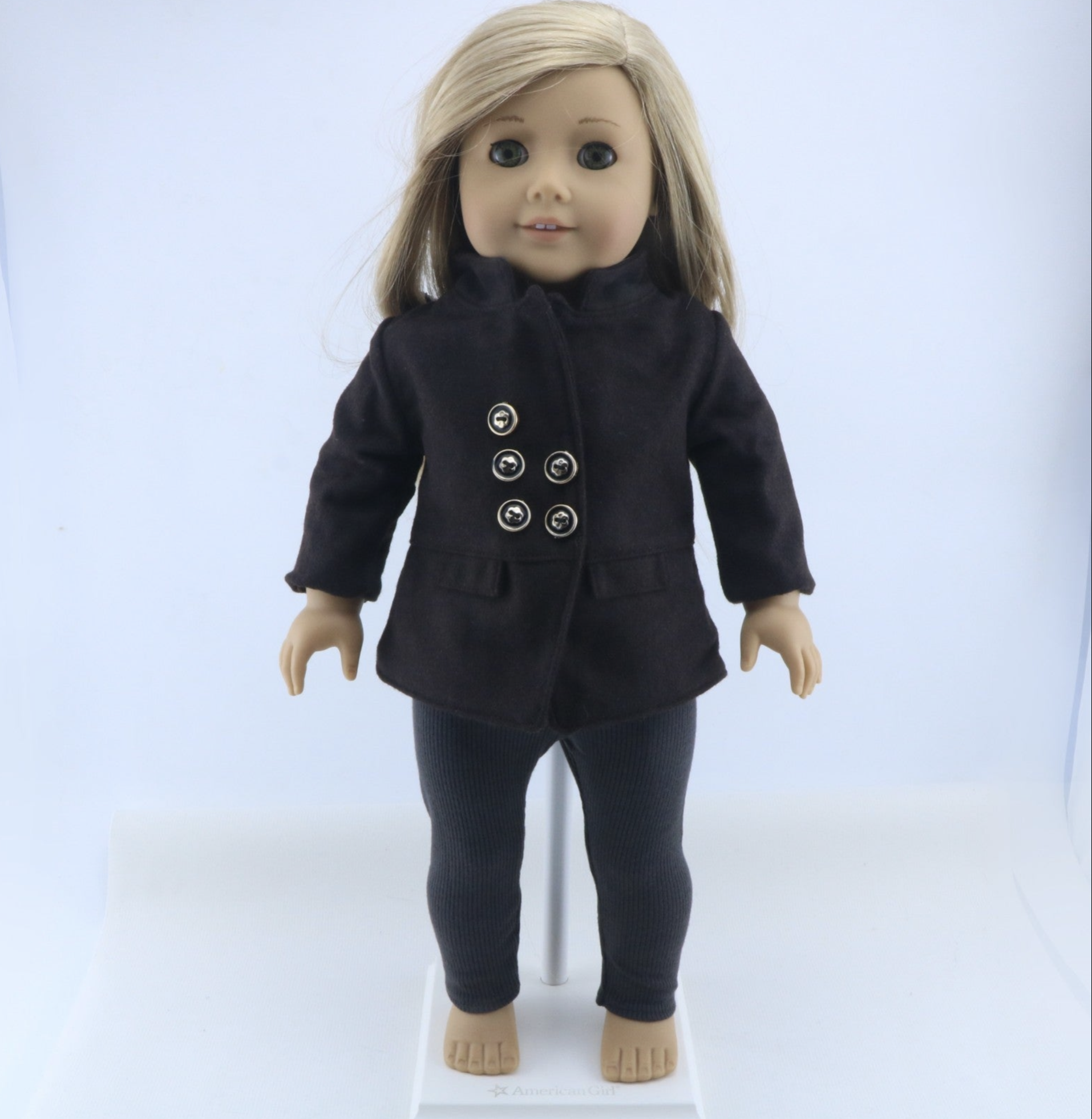Black Double Breasted Stand Collar Wool Coat & Ribbed Leggings 2-Piece Casual Winter Outfit Set For 18-Inch Dolls