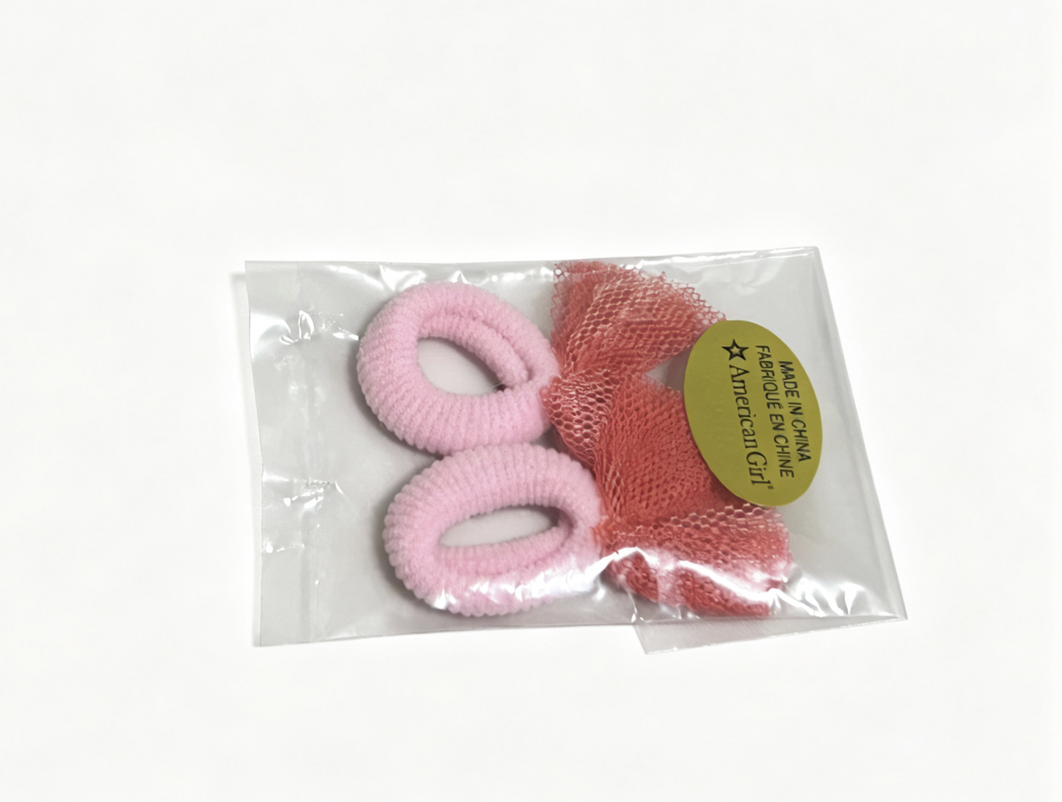 Pair Of Pink Plush Hair Ties With Burgundy Mesh Bow FOR 18'' DOLL