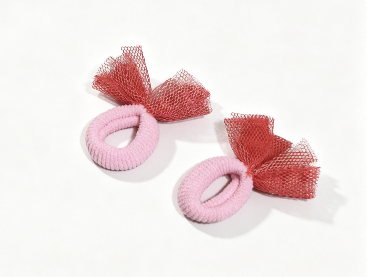 Pair Of Pink Plush Hair Ties With Burgundy Mesh Bow FOR 18'' DOLL