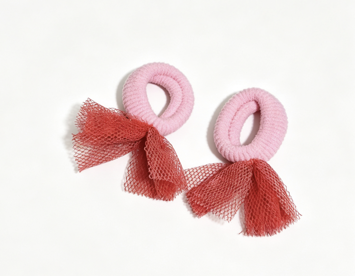 Pair Of Pink Plush Hair Ties With Burgundy Mesh Bow FOR 18'' DOLL