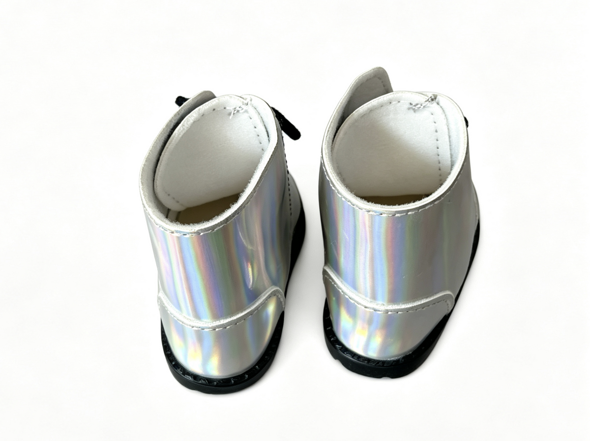 Silver Iridescent Rainbow Boots for 18'' doll Luciana Corinne Shoelaces shoes