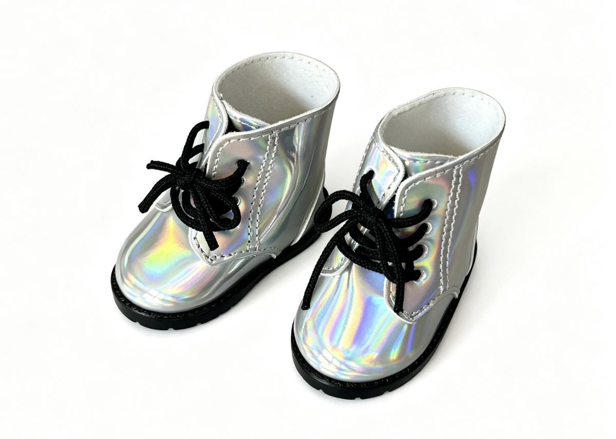 Silver Iridescent Rainbow Boots for 18'' doll Luciana Corinne Shoelaces shoes