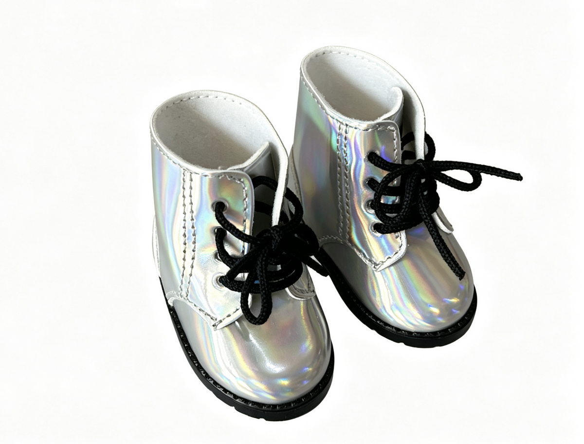 Silver Iridescent Rainbow Boots for 18'' doll Luciana Corinne Shoelaces shoes