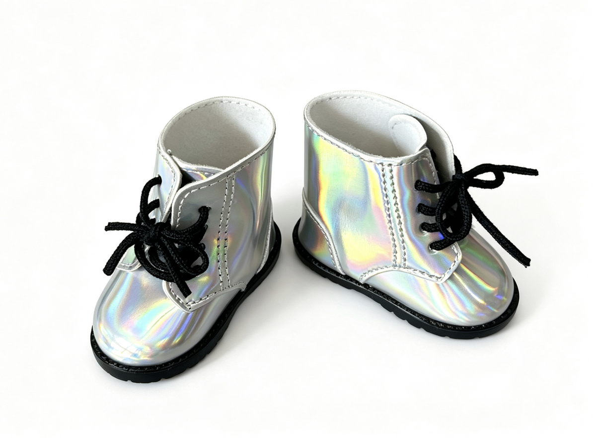Silver Iridescent Rainbow Boots for 18'' doll Luciana Corinne Shoelaces shoes