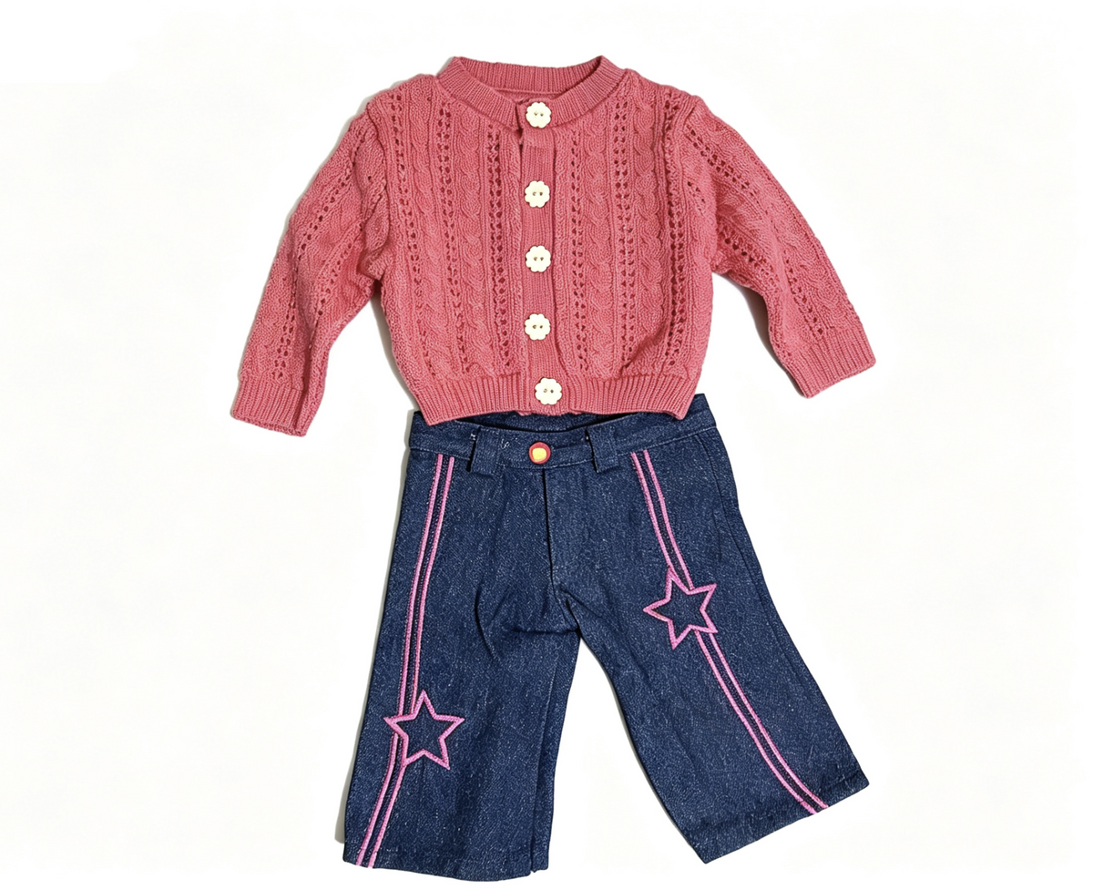 Pink Cable Knit Cardigan & Star Embroidered Denim Wide Leg Pants Outfit FOR 18'' DOLL