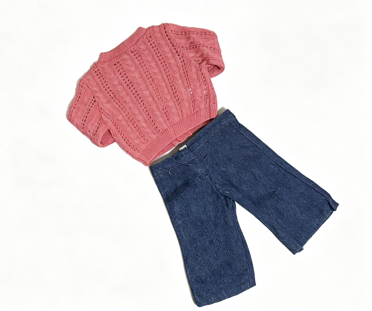 Pink Cable Knit Cardigan & Star Embroidered Denim Wide Leg Pants Outfit FOR 18'' DOLL