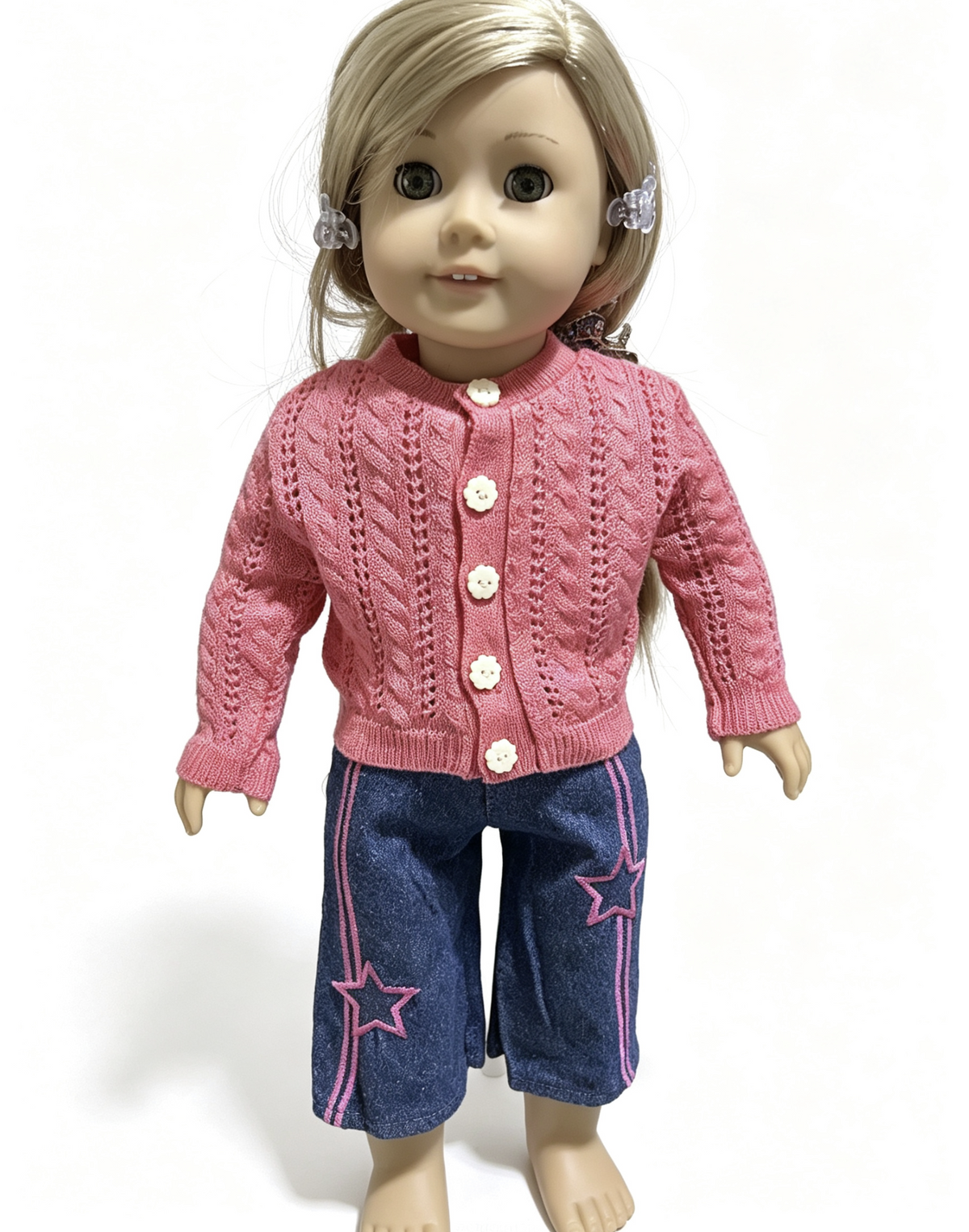 Pink Cable Knit Cardigan & Star Embroidered Denim Wide Leg Pants Outfit FOR 18'' DOLL