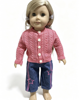 Pink Cable Knit Cardigan & Star Embroidered Denim Wide Leg Pants Outfit FOR 18'' DOLL