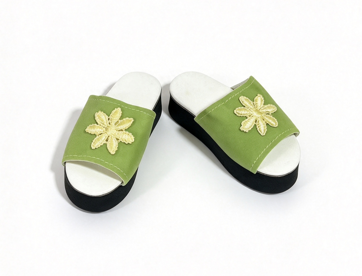 Green Embroidered Flower Platform Slide Sandals FOR 15'' DOLL