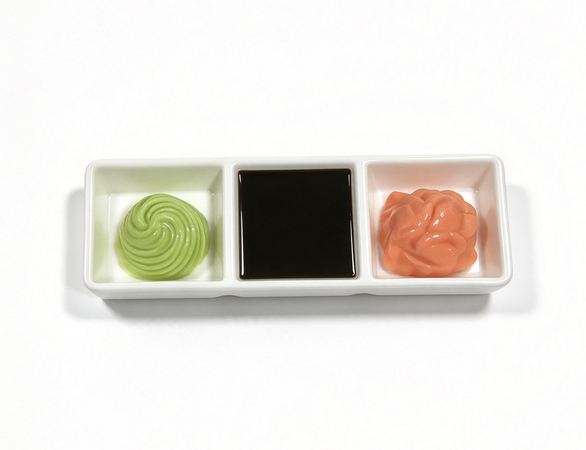 A dipping sauce tray sushi set wasabi ginger soy for 18'' doll