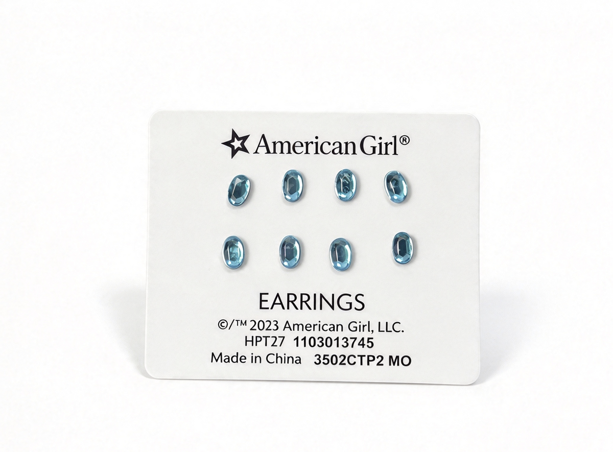 Blue Oval Rhinestone Doll Earrings For 18'' Doll March Gleaming Aquamarine Outfit