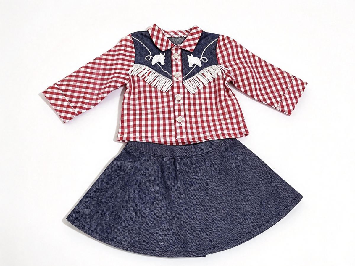 Plaid Fringe Shirt & Denim Skirt for 18'' Doll Maryellen Cowgirl Costume Outfit